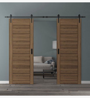 DOUBLE BARN DOOR LOUVER PECAN NUTWOOD 72" X 80" X 1 3/4" BLACK HARDWARE