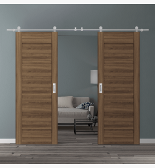 DOUBLE BARN DOOR LOUVER PECAN NUTWOOD 36" X 84" X 1 3/4" STAINLESS STEEL HARDWARE
