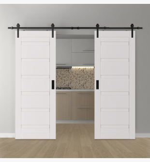 DOUBLE BARN DOOR LOUVER SNOW WHITE 48" X 96" X 1 3/4" BLACK HARDWARE