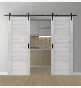 DOUBLE BARN DOOR LOUVER RIBEIRA ASH 56" X 84" X 1 3/4" BLACK HARDWARE