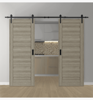 DOUBLE BARN DOOR LOUVER SHAMBOR 60" X 84" X 1 3/4" BLACK HARDWARE