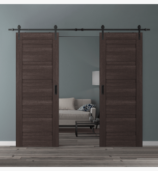 DOUBLE BARN DOOR LOUVER VERALINGA OAK 64" X 84" X 1 3/4" BLACK HARDWARE