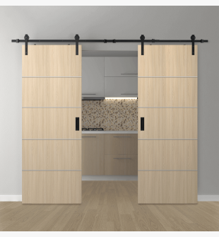 DOUBLE BARN DOOR OPTIMA 4H LOIRE ASH 56" X 96" X 1 3/4" SOLID CORE BLACK HARDWARE
