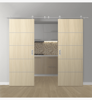 DOUBLE BARN DOOR OPTIMA 4H LOIRE ASH 56" X 80" X 1 3/4" SOLID CORE STAINLESS STEEL HARDWARE