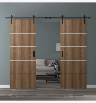 DOUBLE BARN DOOR OPTIMA 4H PECAN NUTWOOD 56" X 84" X 1 3/4" SOLID CORE BLACK HARDWARE