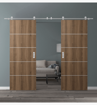 DOUBLE BARN DOOR OPTIMA 4H PECAN NUTWOOD 64" X 84" X 1 3/4" SOLID CORE STAINLESS STEEL HARDWARE