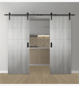 DOUBLE BARN DOOR OPTIMA 4H RIBEIRA ASH 56" X 80" X 1 3/4" SOLID CORE BLACK HARDWARE