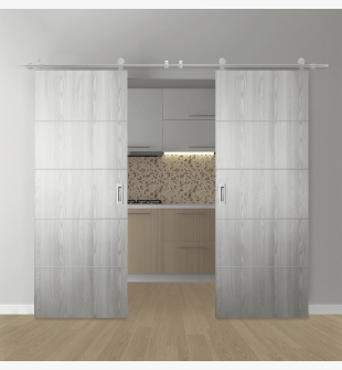 DOUBLE BARN DOOR OPTIMA 4H RIBEIRA ASH 48" X 80" X 1 3/4" SOLID CORE STAINLESS STEEL HARDWARE