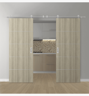 DOUBLE BARN DOOR OPTIMA 4H SHAMBOR 48" X 80" X 1 3/4" SOLID CORE STAINLESS STEEL HARDWARE