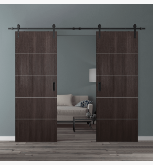 DOUBLE BARN DOOR OPTIMA 4H VERALINGA OAK 64" X 84" X 1 3/4" SOLID CORE BLACK HARDWARE