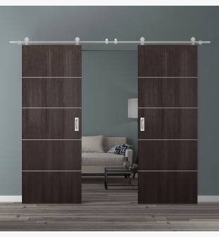 DOUBLE BARN DOOR OPTIMA 4H VERALINGA OAK 56" X 80" X 1 3/4" SOLID CORE STAINLESS STEEL HARDWARE