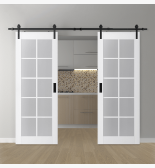 DOUBLE BARN DOOR PALLADIO 10 LITE VETRO BIANCO NOBLE 56" X 96" X 1 9/16" TEMPERED FROSTED GLASS BLACK HARDWARE