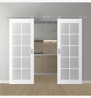 DOUBLE BARN DOOR PALLADIO 10 LITE VETRO BIANCO NOBLE 56" X 96" X 1 9/16" TEMPERED FROSTED GLASS STAINLESS STEEL HARDWARE