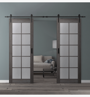 DOUBLE BARN DOOR PALLADIO 10 LITE VETRO GRAY OAK 64" X 96" X 1 9/16" TEMPERED FROSTED GLASS BLACK HARDWARE