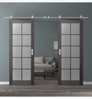 DOUBLE BARN DOOR PALLADIO 10 LITE VETRO GRAY OAK 48" X 84" X 1 9/16" TEMPERED FROSTED GLASS STAINLESS STEEL HARDWARE