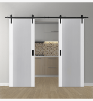 DOUBLE BARN DOOR PALLADIO 202 VETRO BIANCO NOBLE 64" X 84" X 1 9/16" TEMPERED FROSTED GLASS BLACK HARDWARE