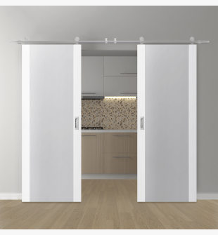 DOUBLE BARN DOOR PALLADIO 202 VETRO BIANCO NOBLE 48" X 84" X 1 9/16" TEMPERED FROSTED GLASS STAINLESS STEEL HARDWARE