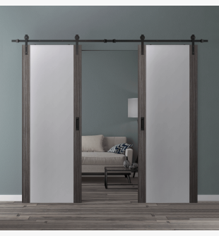 DOUBLE BARN DOOR PALLADIO 202 VETRO GRAY OAK 56" X 84" X 1 9/16" TEMPERED FROSTED GLASS BLACK HARDWARE