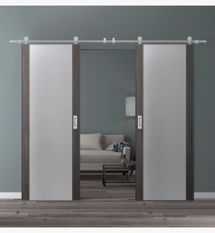 DOUBLE BARN DOOR PALLADIO 202 VETRO GRAY OAK 64" X 80" X 1 9/16" TEMPERED FROSTED GLASS STAINLESS STEEL HARDWARE