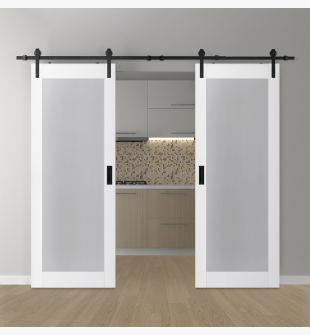 DOUBLE BARN DOOR PALLADIO 207 VETRO BIANCO NOBLE 36" X 80" X 1 9/16" TEMPERED FROSTED GLASS BLACK HARDWARE