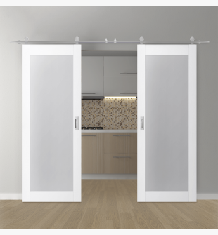 DOUBLE BARN DOOR PALLADIO 207 VETRO BIANCO NOBLE 48" X 80" X 1 9/16" TEMPERED FROSTED GLASS STAINLESS STEEL HARDWARE