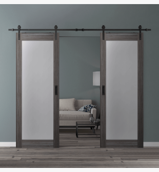 DOUBLE BARN DOOR PALLADIO 207 VETRO GRAY OAK 64" X 96" X 1 9/16" TEMPERED FROSTED GLASS BLACK HARDWARE