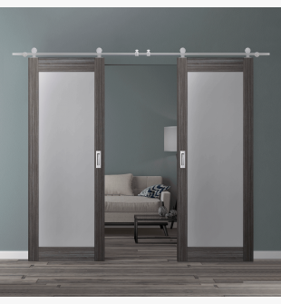 DOUBLE BARN DOOR PALLADIO 207 VETRO GRAY OAK 56" X 96" X 1 9/16" TEMPERED FROSTED GLASS STAINLESS STEEL HARDWARE