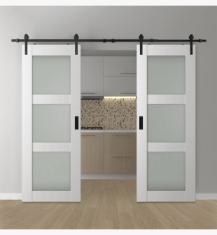 DOUBLE BARN DOOR PALLADIO 3 LITE VETRO BIANCO NOBLE 48" X 80" X 1 9/16" TEMPERED FROSTED GLASS BLACK HARDWARE