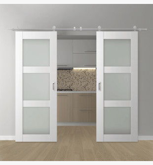 DOUBLE BARN DOOR PALLADIO 3 LITE VETRO BIANCO NOBLE 60" X 80" X 1 9/16" TEMPERED FROSTED GLASS STAINLESS STEEL HARDWARE