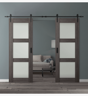 DOUBLE BARN DOOR PALLADIO 3 LITE VETRO GRAY OAK 36" X 84" X 1 9/16" TEMPERED FROSTED GLASS BLACK HARDWARE