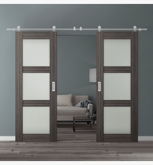 DOUBLE BARN DOOR PALLADIO 3 LITE VETRO GRAY OAK 56" X 96" X 1 9/16" TEMPERED FROSTED GLASS STAINLESS STEEL HARDWARE