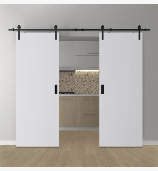DOUBLE BARN DOOR PALLADIO BIANCO NOBLE 56" X 84" X 1 9/16" SOLID CORE BLACK HARDWARE