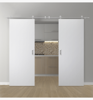 DOUBLE BARN DOOR PALLADIO BIANCO NOBLE 36" X 96" X 1 9/16" SOLID CORE STAINLESS STEEL HARDWARE