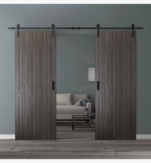 DOUBLE BARN DOOR PALLADIO GRAY OAK 72" X 84" X 1 9/16" SOLID CORE BLACK HARDWARE