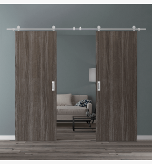 DOUBLE BARN DOOR PALLADIO GRAY OAK 36" X 80" X 1 9/16" SOLID CORE STAINLESS STEEL HARDWARE