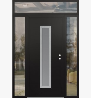 DIAMOND A11 64" X 96" BLACK/WHITE FROSTED GLASS PANEL STAINLESS STEEL LHI WITH 2 SIDELITES AND TRANSOM CLEAR GLASS