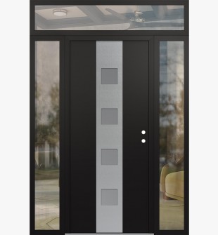 DIAMOND A12 68" X 96" BLACK/WHITE FROSTED GLASS PANEL STAINLESS STEEL LHI WITH 2 SIDELITES AND TRANSOM CLEAR GLASS