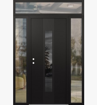 DIAMOND A1 64" X 96" BLACK/BLACK MIRRORED GLASS PANEL BLACK RHI WITH 2 SIDELITES AND TRANSOM CLEAR GLASS