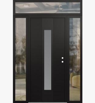 DIAMOND A1 64" X 96" BLACK/WHITE FROSTED GLASS PANEL BLACK LHI WITH 2 SIDELITES AND TRANSOM CLEAR GLASS