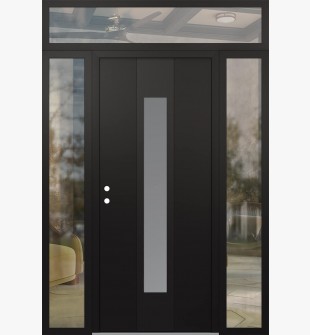 DIAMOND A1 64" X 96" BLACK/WHITE FROSTED GLASS PANEL BLACK RHI WITH 2 SIDELITES AND TRANSOM CLEAR GLASS