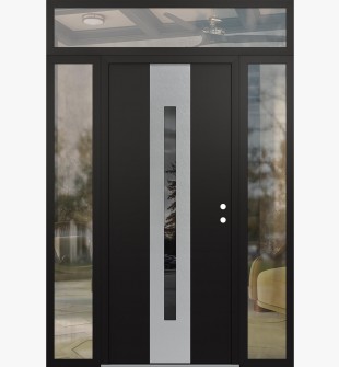 DIAMOND A2 68" X 96" BLACK/BLACK MIRRORED GLASS PANEL STAINLESS STEEL LHI WITH 2 SIDELITES AND TRANSOM CLEAR GLASS