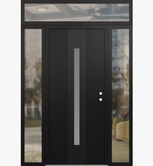 DIAMOND A2 68" X 96" BLACK/WHITE FROSTED GLASS PANEL BLACK LHI WITH 2 SIDELITES AND TRANSOM CLEAR GLASS