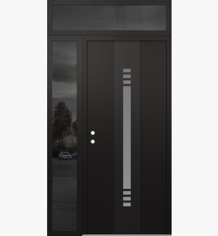 DIAMOND A5 50" X 96" BLACK/WHITE FROSTED GLASS PANEL BLACK RHI WITH SIDELITE AND TRANSOM MIRRORED GLASS