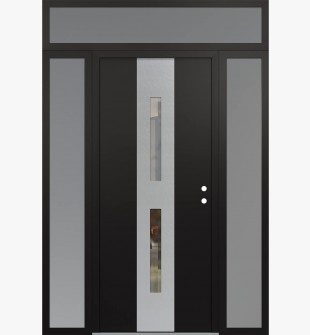 DIAMOND A6 64" X 96" BLACK/BLACK CLEAR GLASS PANEL STAINLESS STEEL LHI WITH 2 SIDELITES AND TRANSOM FROSTED GLASS