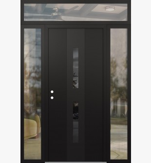 DIAMOND A6 64" X 96" BLACK/BLACK MIRRORED GLASS PANEL BLACK RHI WITH 2 SIDELITES AND TRANSOM CLEAR GLASS