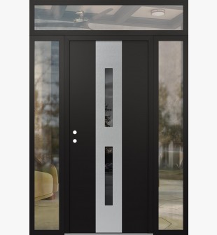 DIAMOND A6 68" X 96" BLACK/BLACK MIRRORED GLASS PANEL STAINLESS STEEL RHI WITH 2 SIDELITES AND TRANSOM CLEAR GLASS