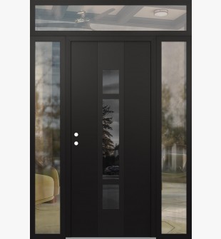 DIAMOND A9 68" X 96" BLACK/BLACK MIRRORED GLASS PANEL BLACK RHI WITH 2 SIDELITES AND TRANSOM CLEAR GLASS