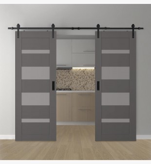 DOUBLE BARN DOOR AVON 07-01 VETRO GRAY MATTE 72" X 80" X 1 3/4" BLACK HARDWARE