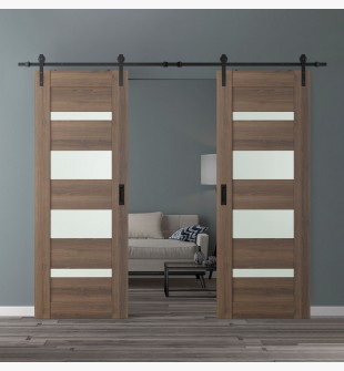 DOUBLE BARN DOOR AVON 07-01 VETRO PECAN NUTWOOD 36" X 96" X 1 3/4" BLACK HARDWARE