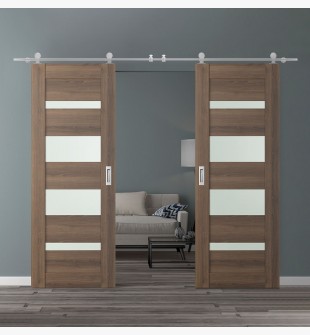 DOUBLE BARN DOOR AVON 07-01 VETRO PECAN NUTWOOD 60" X 80" X 1 3/4" STAINLESS STEEL HARDWARE